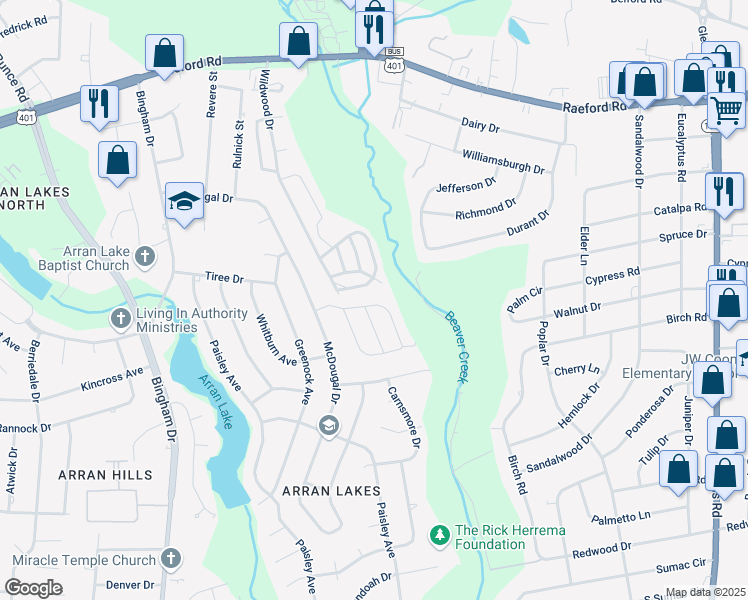 map of restaurants, bars, coffee shops, grocery stores, and more near 5880 Aftonshire Drive in Fayetteville