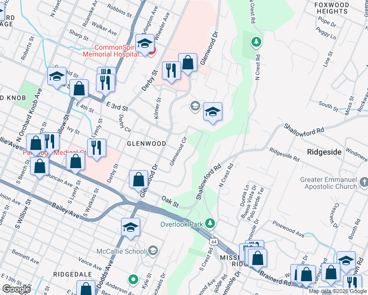 map of restaurants, bars, coffee shops, grocery stores, and more near 300 Glenwood Circle in Chattanooga