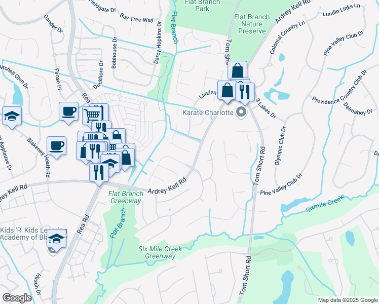 map of restaurants, bars, coffee shops, grocery stores, and more near 11647 Flat Creek Drive in Charlotte