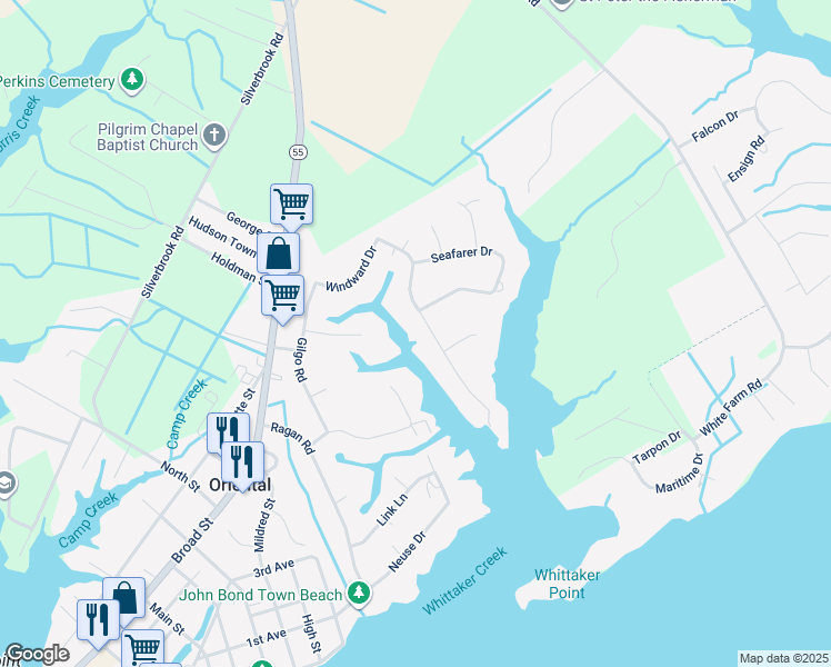 map of restaurants, bars, coffee shops, grocery stores, and more near 304 Whittaker Point Road in Oriental