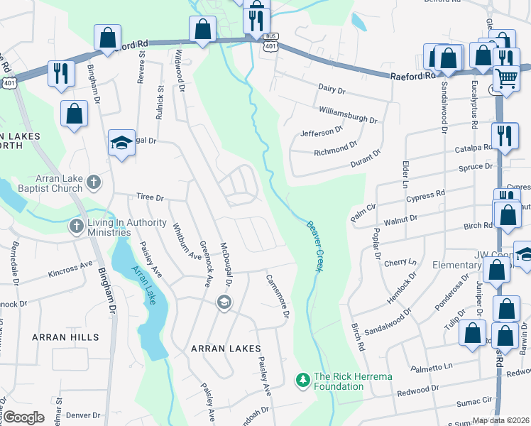 map of restaurants, bars, coffee shops, grocery stores, and more near 5858 Aftonshire Drive in Fayetteville