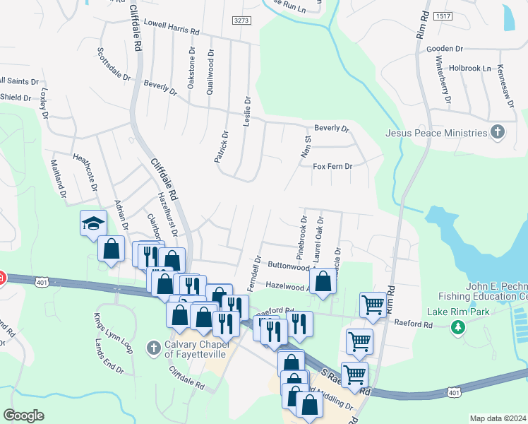 map of restaurants, bars, coffee shops, grocery stores, and more near 1442 Ferndell Drive in Fayetteville