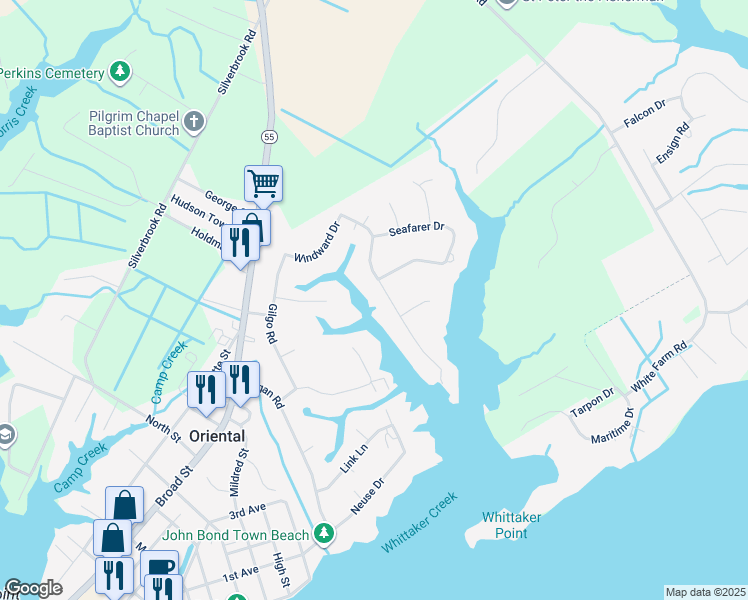 map of restaurants, bars, coffee shops, grocery stores, and more near 304 Whittaker Point Road in Oriental