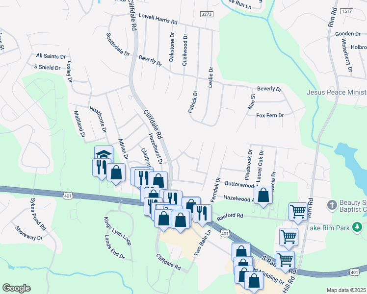 map of restaurants, bars, coffee shops, grocery stores, and more near 1520 Heartland Drive in Fayetteville