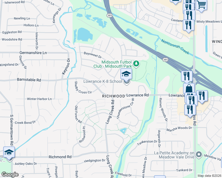 map of restaurants, bars, coffee shops, grocery stores, and more near 4135 Long Creek Road in Memphis