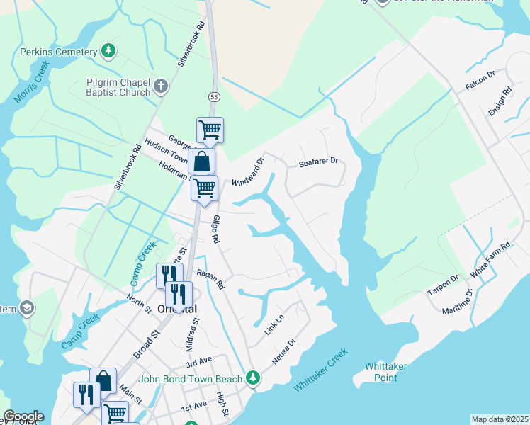 map of restaurants, bars, coffee shops, grocery stores, and more near 113 Pineview Drive in Oriental