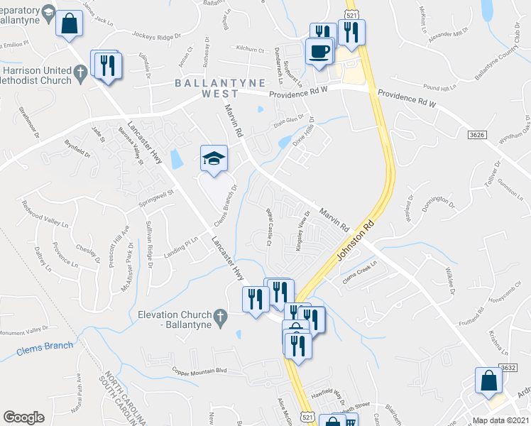 map of restaurants, bars, coffee shops, grocery stores, and more near 12207 Royal Castle Court in Charlotte