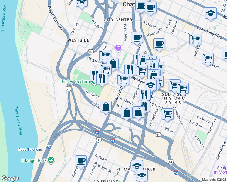 map of restaurants, bars, coffee shops, grocery stores, and more near 1701 Broad Street in Chattanooga