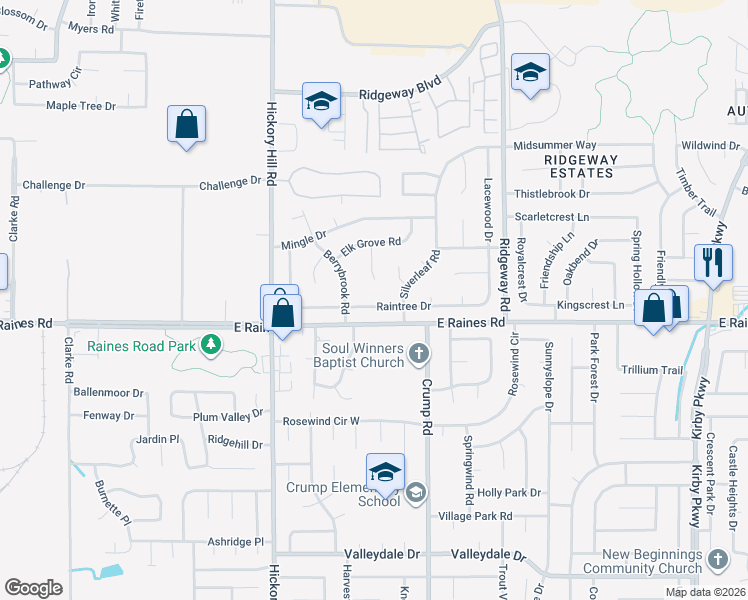 map of restaurants, bars, coffee shops, grocery stores, and more near 6033 Raintree Drive in Memphis