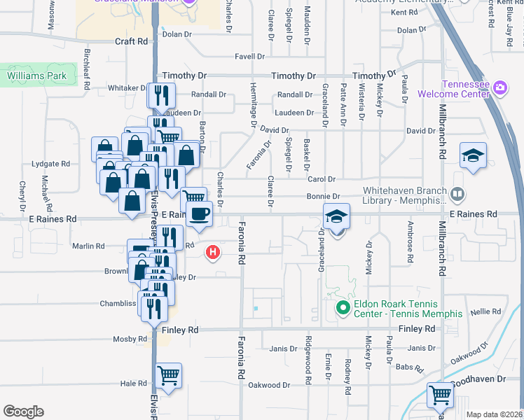 map of restaurants, bars, coffee shops, grocery stores, and more near 1358 East Raines Road in Memphis