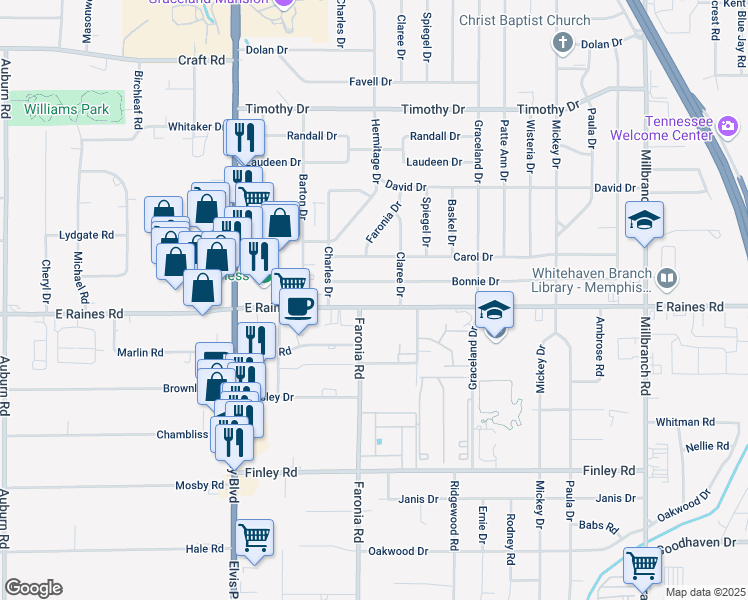 map of restaurants, bars, coffee shops, grocery stores, and more near 1340 East Raines Road in Memphis
