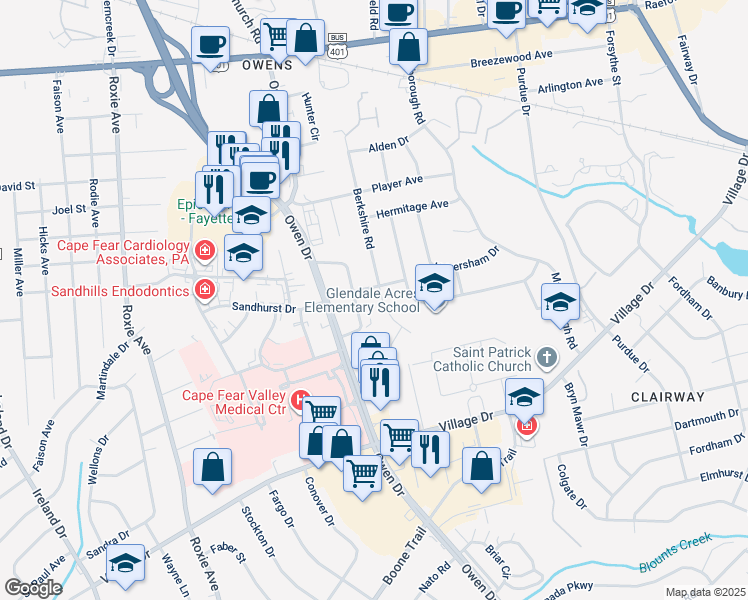 map of restaurants, bars, coffee shops, grocery stores, and more near 1506 Berkshire Road in Fayetteville