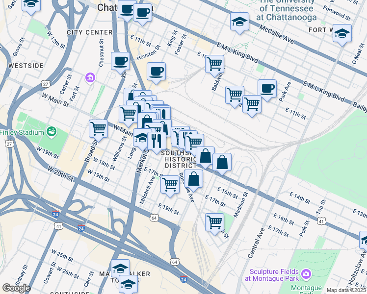 map of restaurants, bars, coffee shops, grocery stores, and more near in Chattanooga