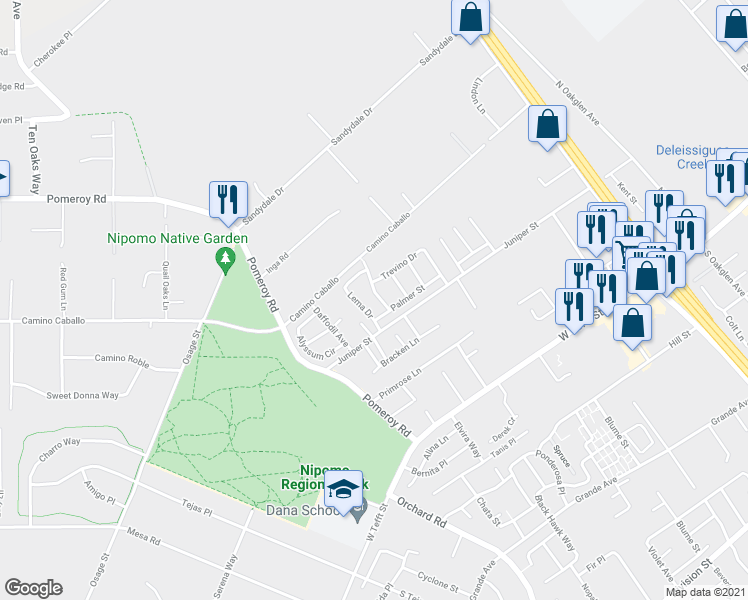 map of restaurants, bars, coffee shops, grocery stores, and more near 221 Crosby Way in Nipomo