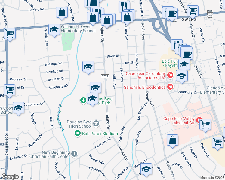 map of restaurants, bars, coffee shops, grocery stores, and more near 1575 Ireland Drive in Fayetteville