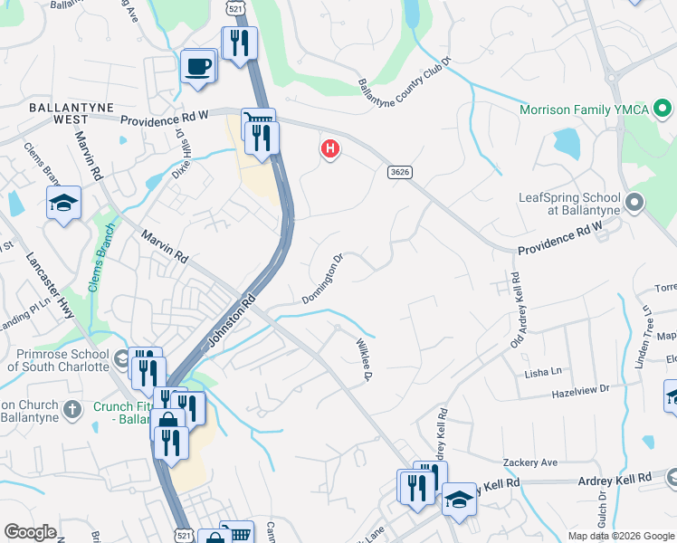 map of restaurants, bars, coffee shops, grocery stores, and more near 10377 Sutherby Drive in Charlotte