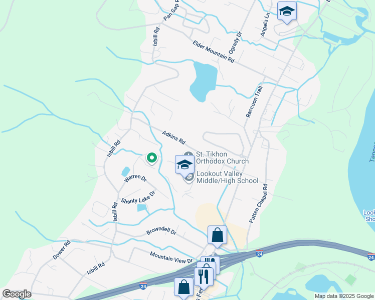 map of restaurants, bars, coffee shops, grocery stores, and more near 3340 Adkins Road in Chattanooga