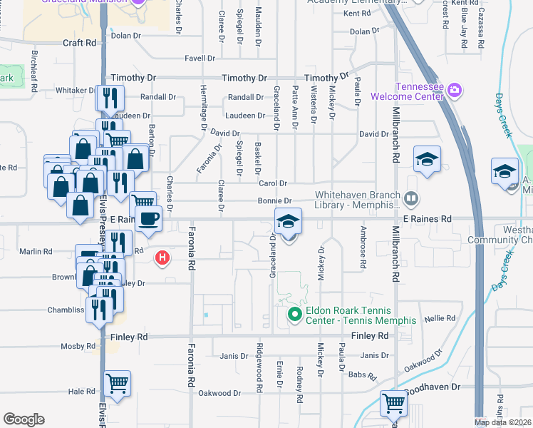 map of restaurants, bars, coffee shops, grocery stores, and more near 1453 East Raines Road in Memphis