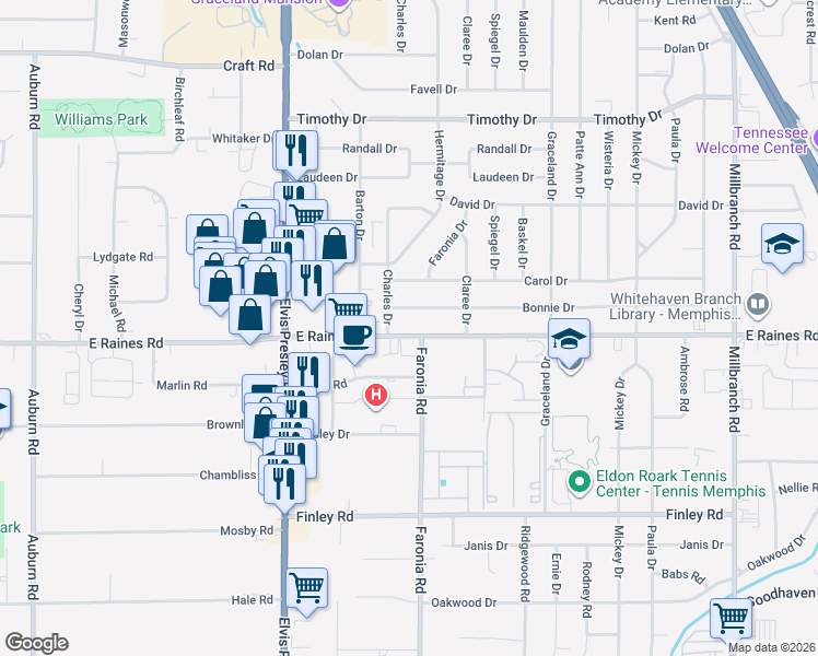map of restaurants, bars, coffee shops, grocery stores, and more near in Memphis