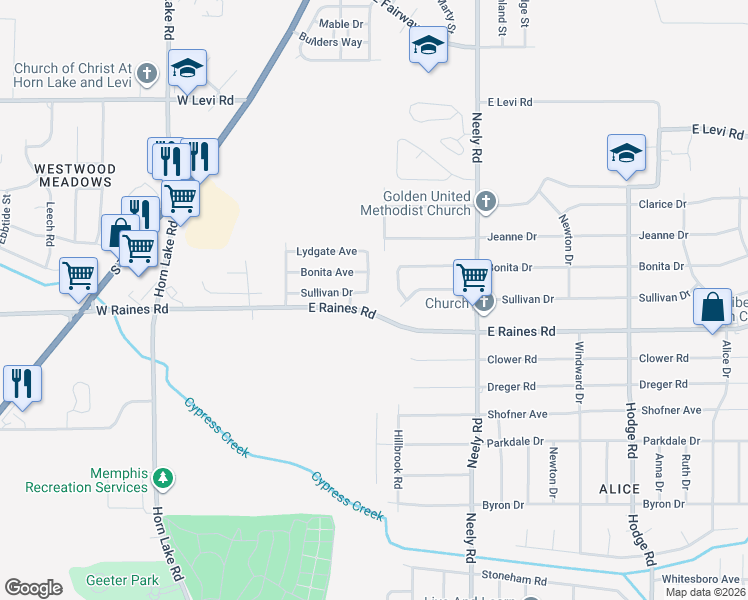 map of restaurants, bars, coffee shops, grocery stores, and more near 132 Sullivan Cove in Memphis