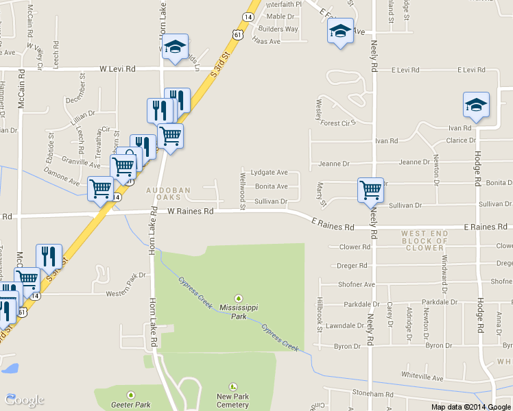 map of restaurants, bars, coffee shops, grocery stores, and more near 29 East Raines Road in Memphis