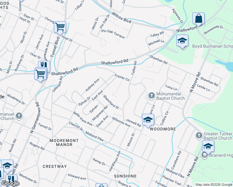 map of restaurants, bars, coffee shops, grocery stores, and more near 4005 McDowell Street in Chattanooga