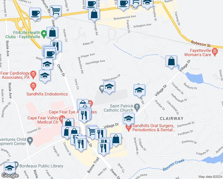 map of restaurants, bars, coffee shops, grocery stores, and more near 2843 Skycrest Drive in Fayetteville