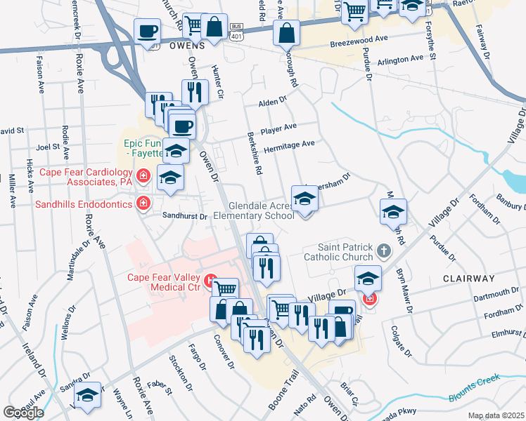 map of restaurants, bars, coffee shops, grocery stores, and more near 1506 Berkshire Road in Fayetteville