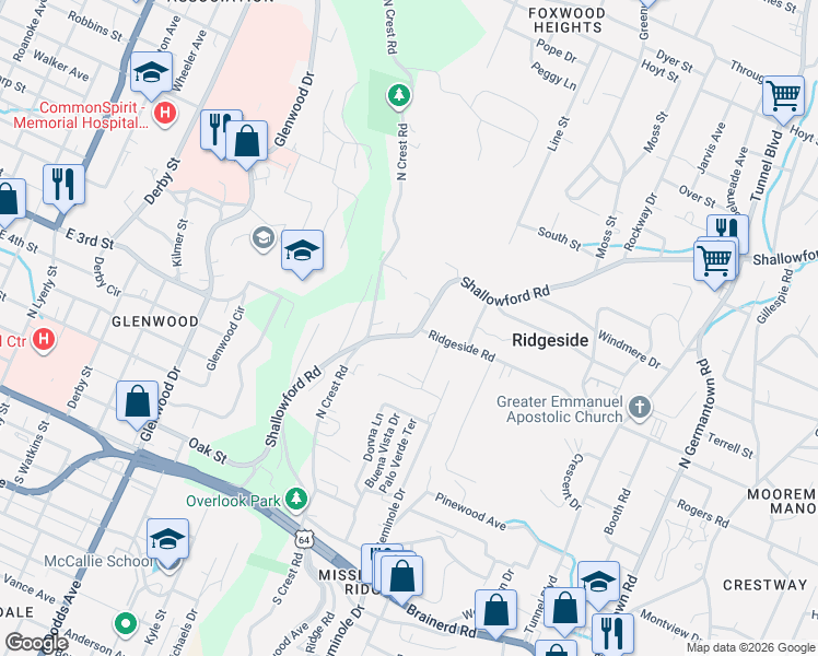 map of restaurants, bars, coffee shops, grocery stores, and more near 122 Shallowford Road in Chattanooga