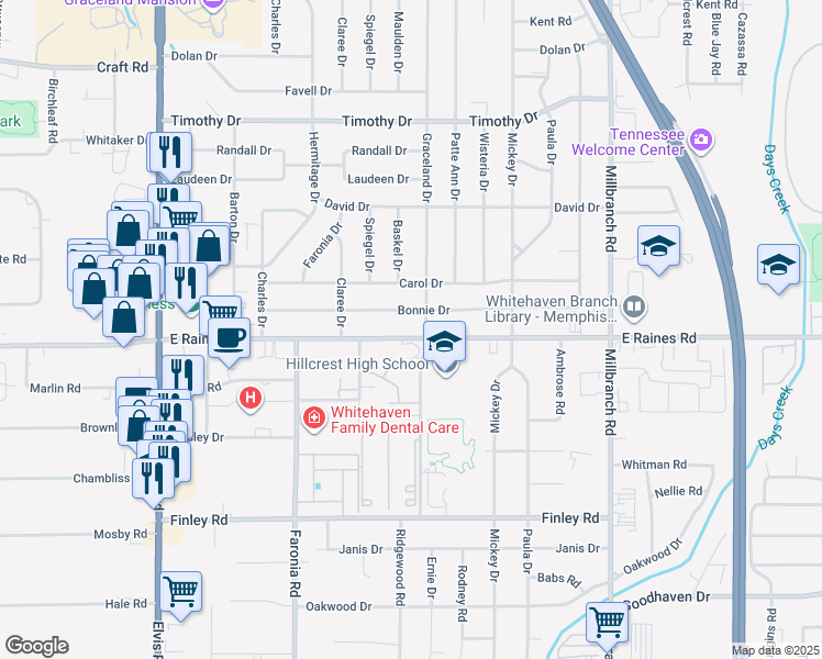 map of restaurants, bars, coffee shops, grocery stores, and more near 1453 East Raines Road in Memphis