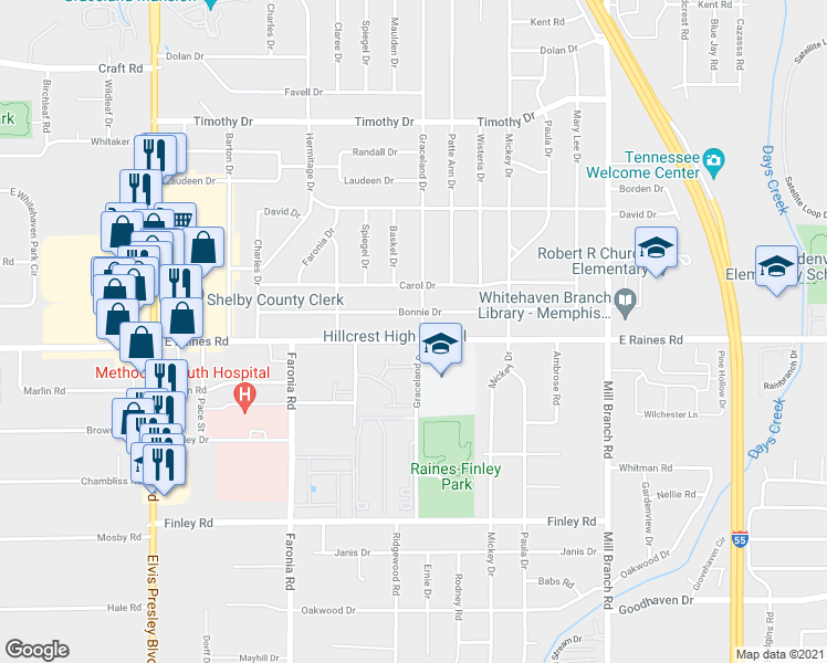 map of restaurants, bars, coffee shops, grocery stores, and more near 4131 Graceland Drive in Memphis