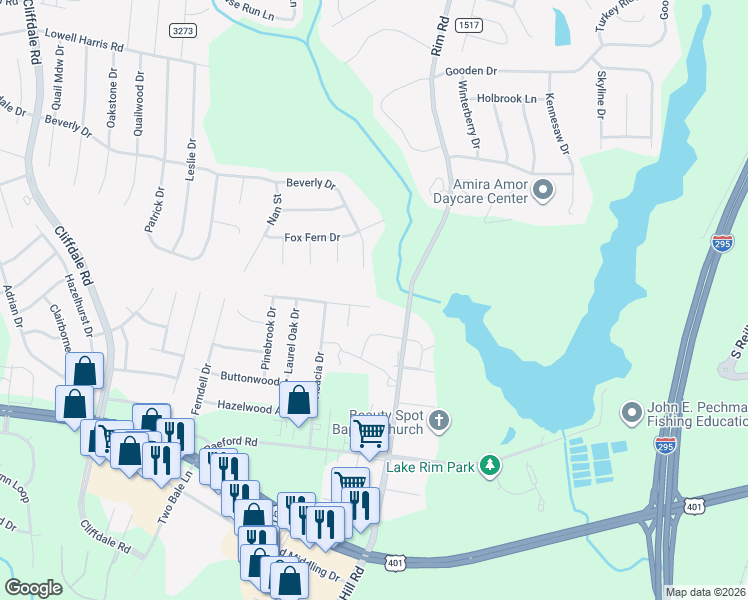 map of restaurants, bars, coffee shops, grocery stores, and more near 7713 Redwood Avenue in Fayetteville
