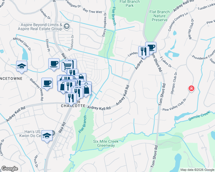 map of restaurants, bars, coffee shops, grocery stores, and more near 12211 Landing Green Drive in Charlotte