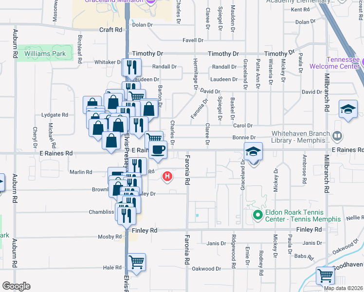map of restaurants, bars, coffee shops, grocery stores, and more near in Memphis