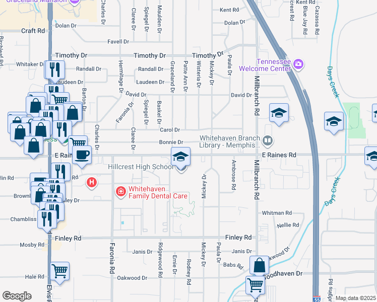 map of restaurants, bars, coffee shops, grocery stores, and more near 1516 East Raines Road in Memphis