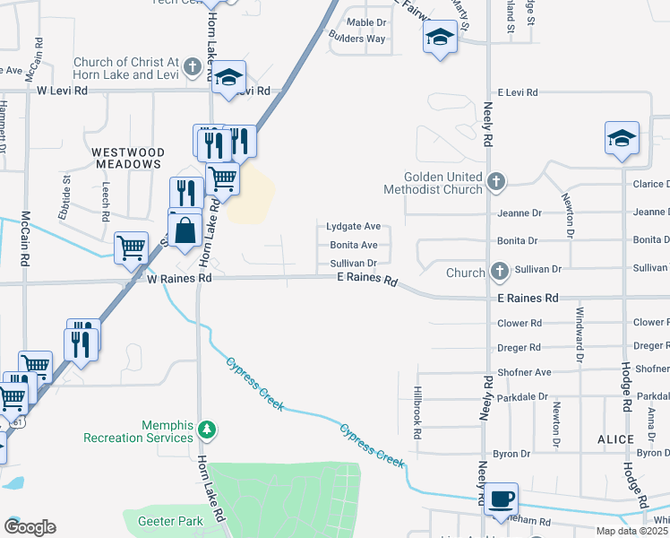 map of restaurants, bars, coffee shops, grocery stores, and more near 29 East Raines Road in Memphis
