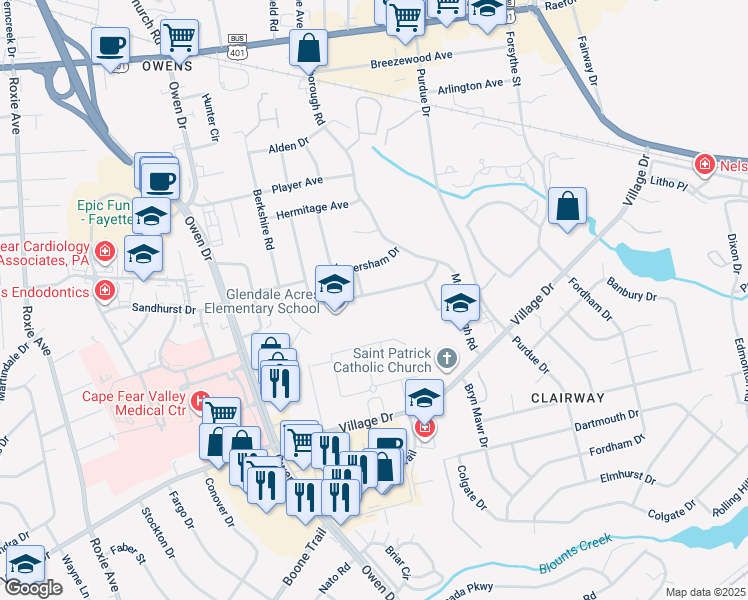map of restaurants, bars, coffee shops, grocery stores, and more near 2839 Skycrest Drive in Fayetteville