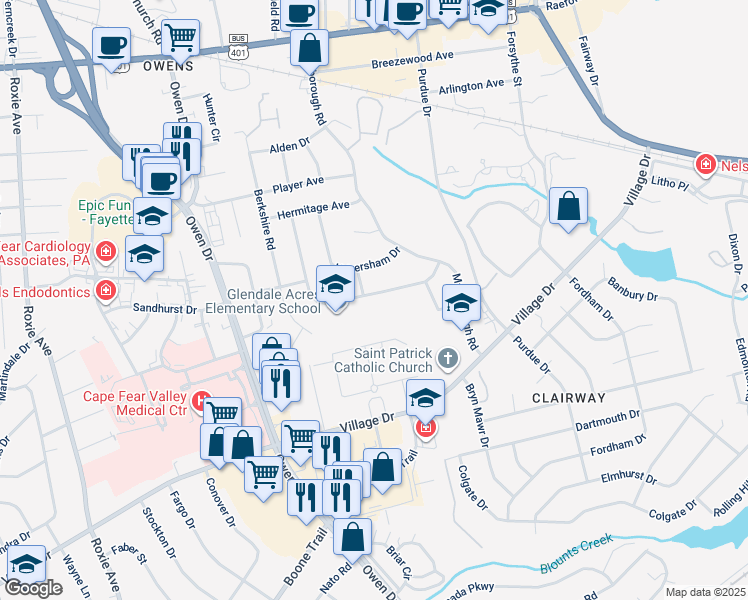 map of restaurants, bars, coffee shops, grocery stores, and more near 2839 Skycrest Drive in Fayetteville