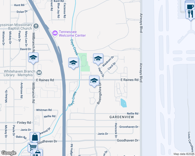 map of restaurants, bars, coffee shops, grocery stores, and more near 2010 East Raines Road in Memphis