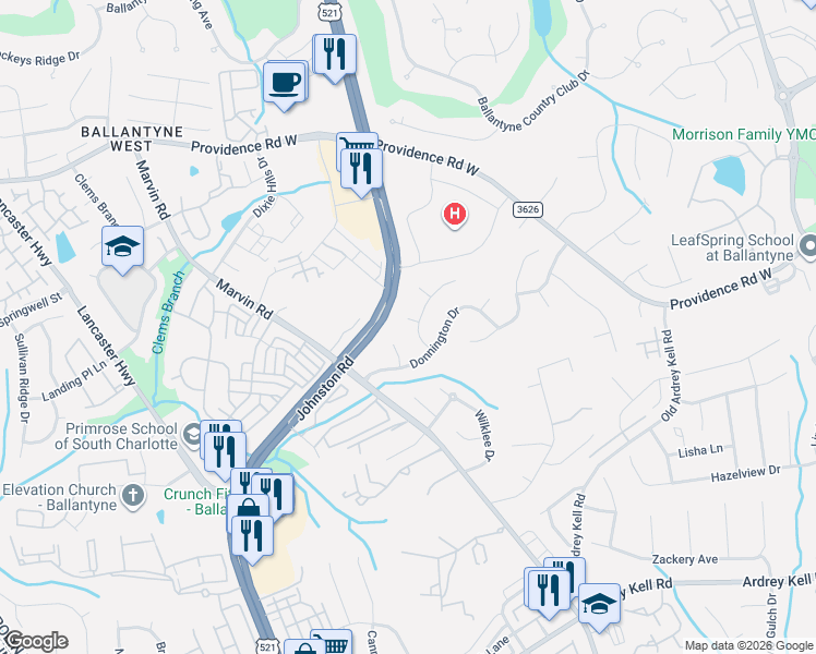 map of restaurants, bars, coffee shops, grocery stores, and more near 15961 Cumnor Lane in Charlotte