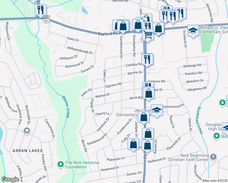 map of restaurants, bars, coffee shops, grocery stores, and more near 5206 Walnut Drive in Fayetteville