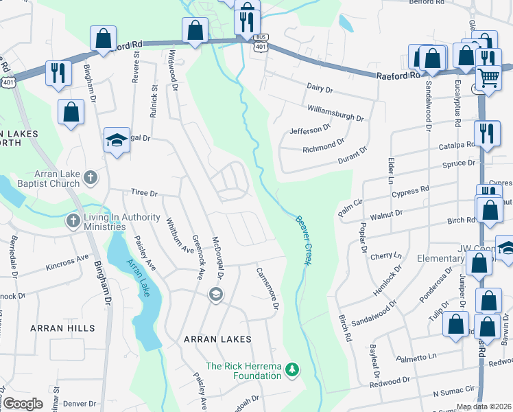 map of restaurants, bars, coffee shops, grocery stores, and more near 5858 Aftonshire Drive in Fayetteville
