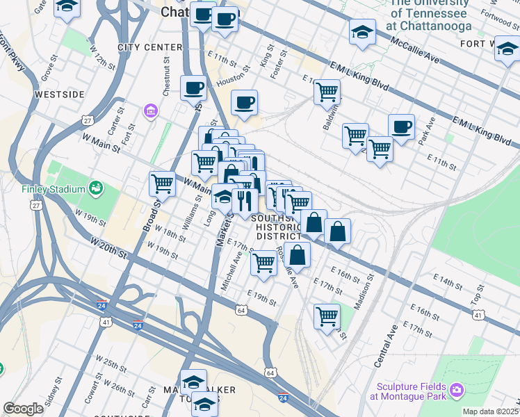 map of restaurants, bars, coffee shops, grocery stores, and more near 55 East Main Street in Chattanooga