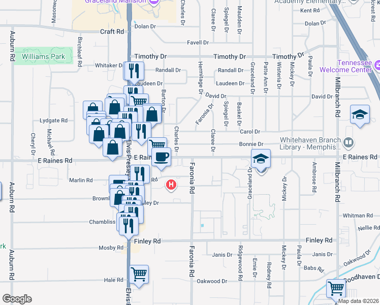 map of restaurants, bars, coffee shops, grocery stores, and more near 1327 East Raines Road in Memphis
