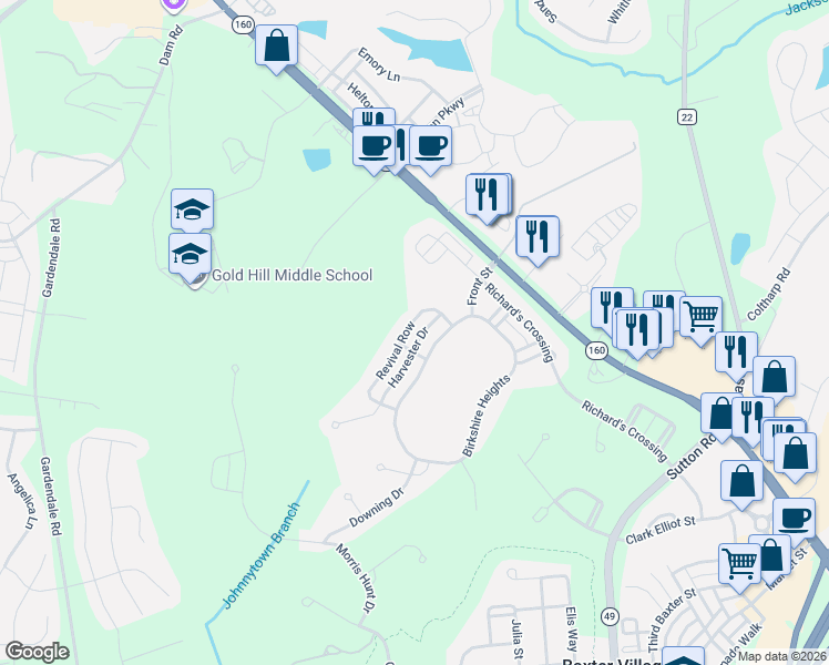 map of restaurants, bars, coffee shops, grocery stores, and more near 718 Revival Row in Fort Mill
