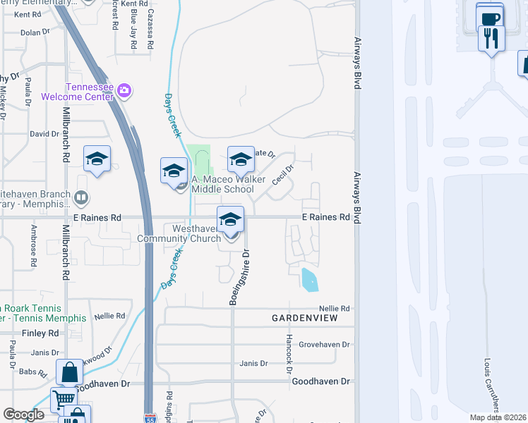 map of restaurants, bars, coffee shops, grocery stores, and more near 2048 East Raines Road in Memphis