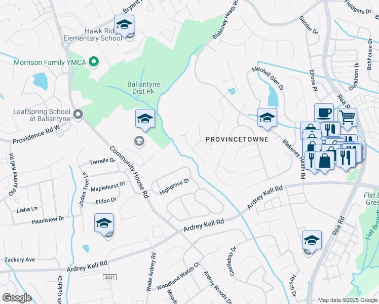map of restaurants, bars, coffee shops, grocery stores, and more near 8847 Bryson Bend Drive in Charlotte