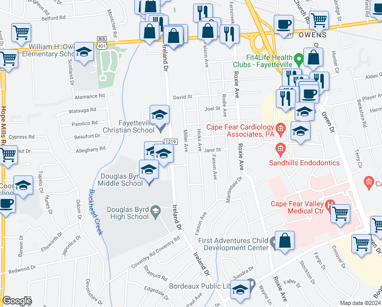 map of restaurants, bars, coffee shops, grocery stores, and more near 807 Miller Avenue in Fayetteville