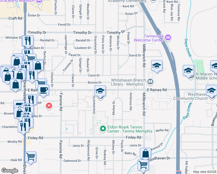 map of restaurants, bars, coffee shops, grocery stores, and more near 1516 East Raines Road in Memphis