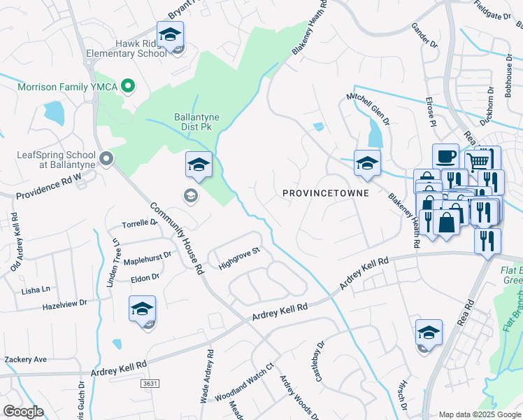 map of restaurants, bars, coffee shops, grocery stores, and more near 8847 Bryson Bend Drive in Charlotte